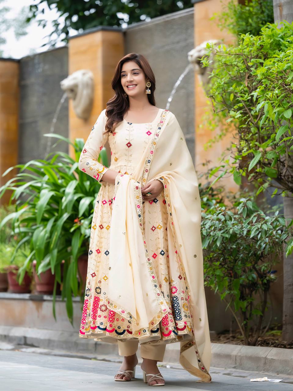 Designer Chinon Silk Anarkali Gown with Fancy Sleeves, Pants & Embroidered Dupatta