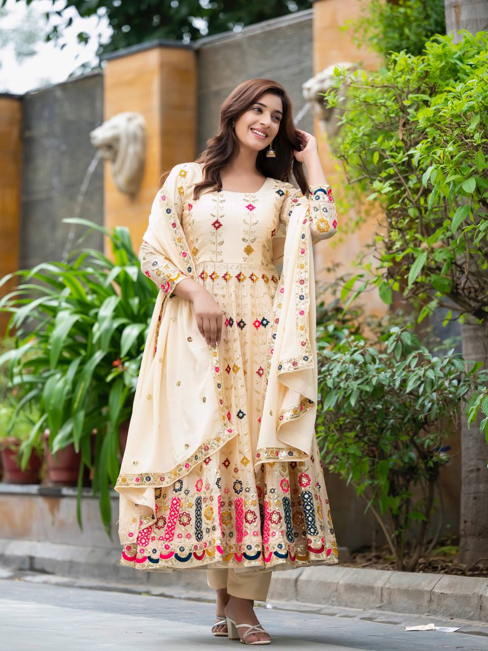 Designer Chinon Silk Anarkali Gown with Fancy Sleeves, Pants & Embroidered Dupatta