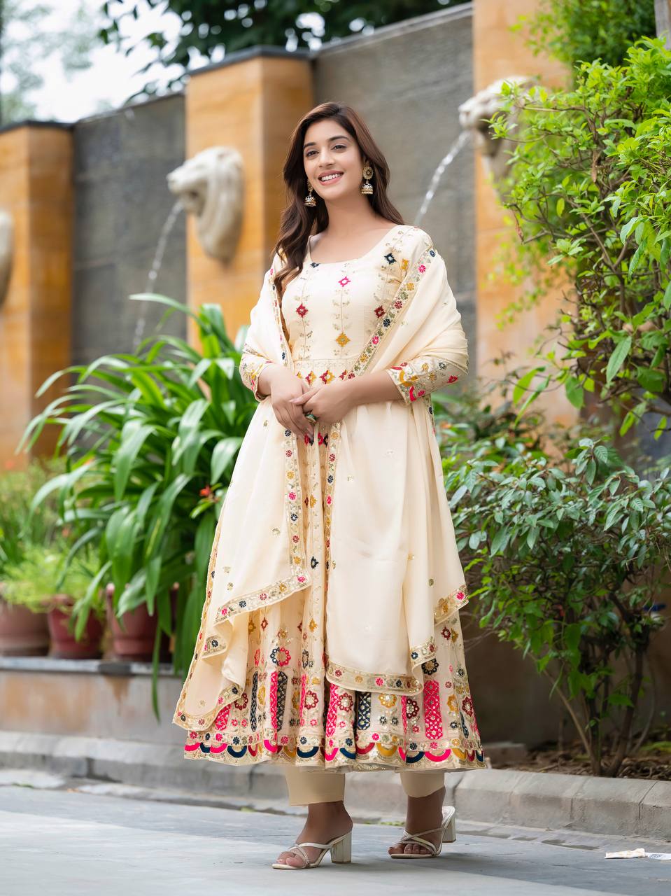 Designer Chinon Silk Anarkali Gown with Fancy Sleeves, Pants & Embroidered Dupatta