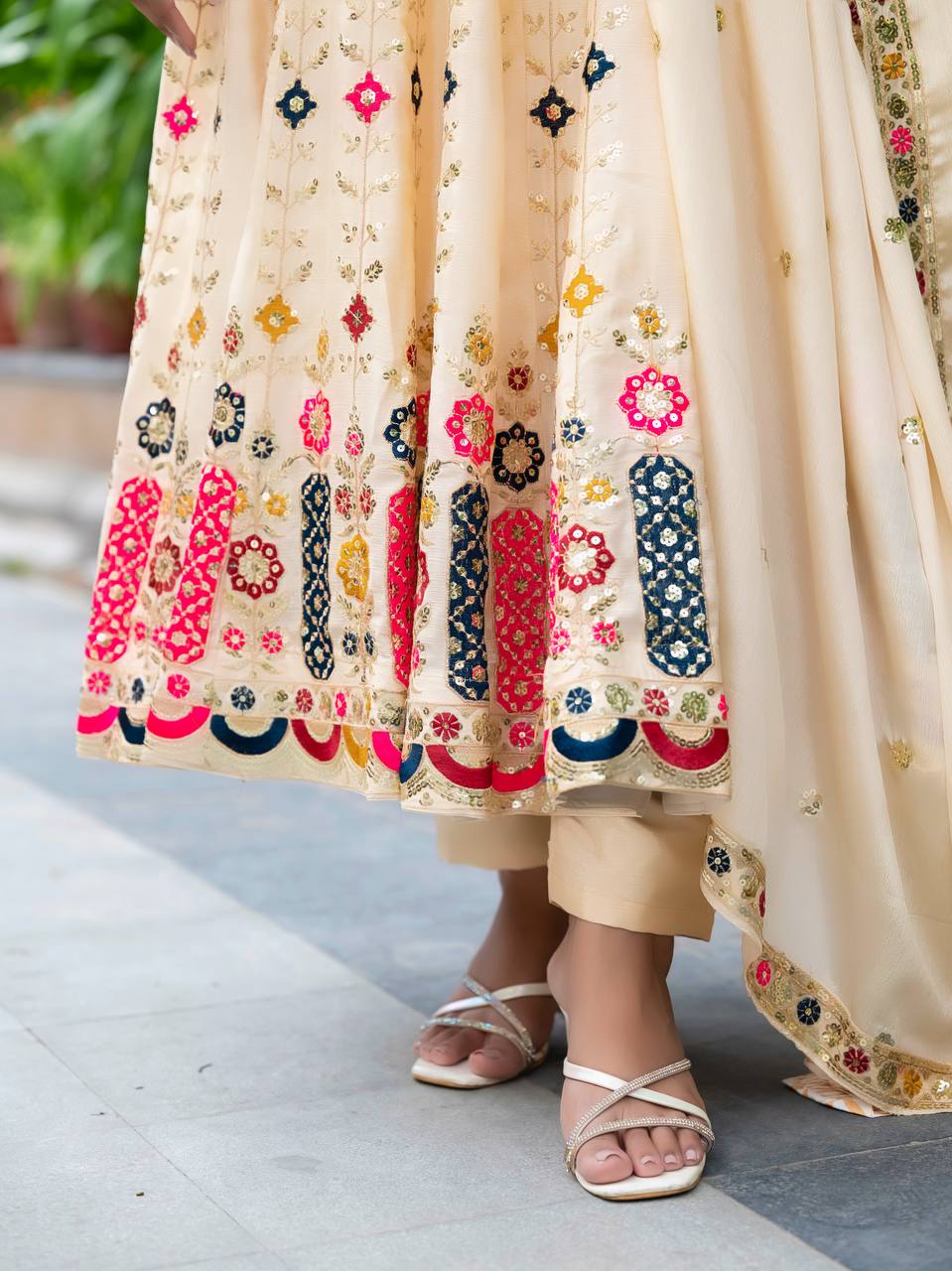 Designer Chinon Silk Anarkali Gown with Fancy Sleeves, Pants & Embroidered Dupatta