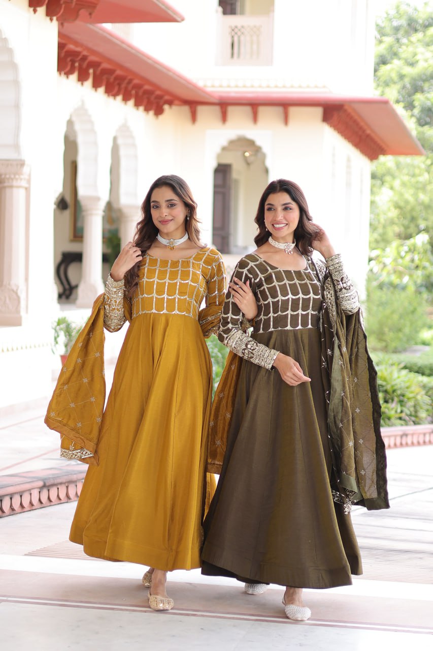 Vijodhya Premium Vichitra Anarkali Gown Set with Dupatta