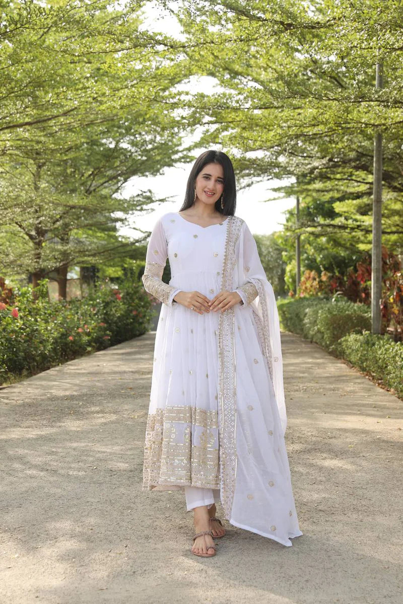 Demure White Stylish Anarkali Suit Set