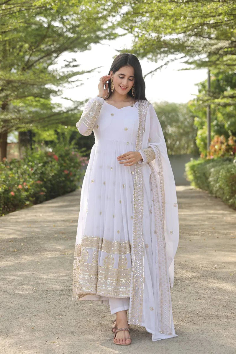 Demure White Stylish Anarkali Suit Set