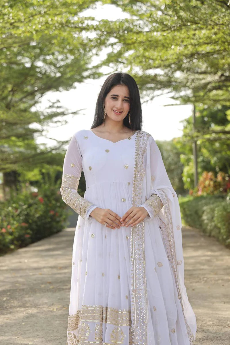 Demure White Stylish Anarkali Suit Set