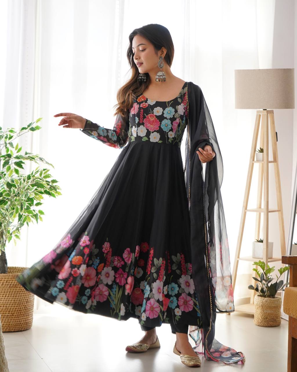Black Premium Designer Pure Soft Organza Silk Print Anarkali Suit