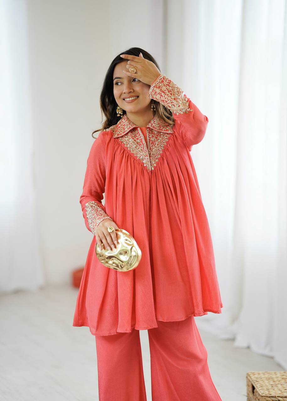 New Designer Partywear Heavy Chinon with Embroidery Sequence Work Kurta With Plazzo Set