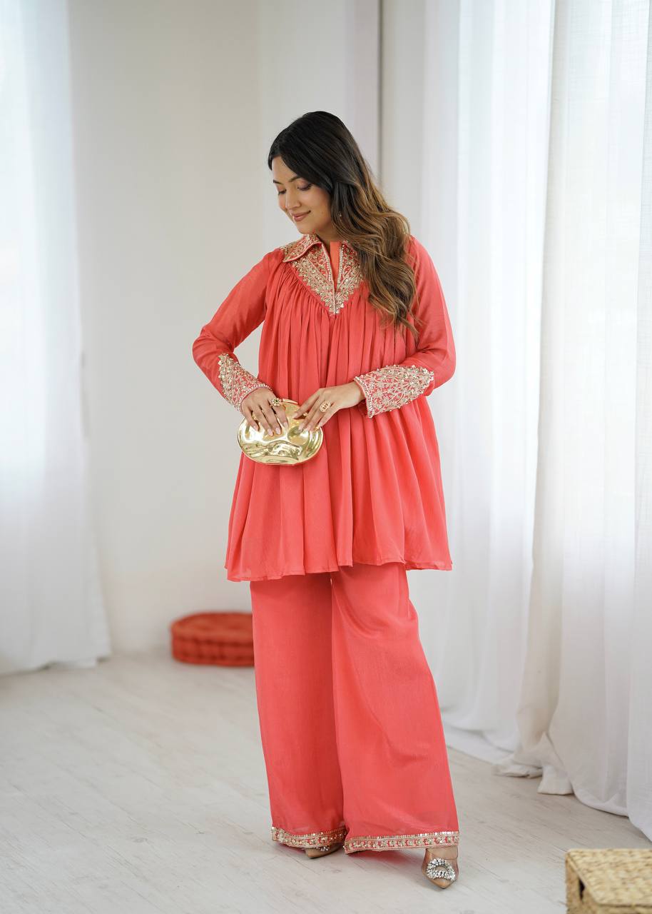 New Designer Partywear Heavy Chinon with Embroidery Sequence Work Kurta With Plazzo Set