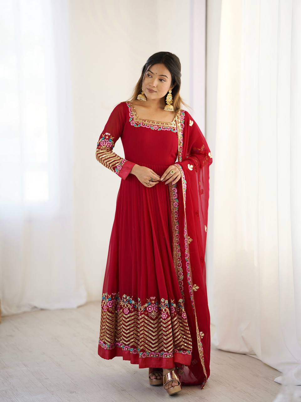 Heavy Georgette Embroidered Anarkali Gown Set with Dupatta & Bottom