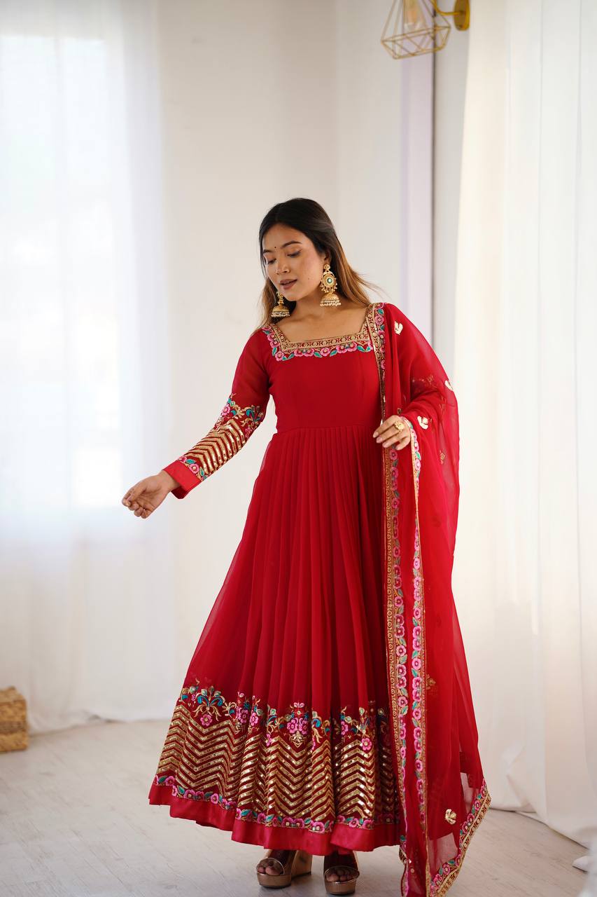Heavy Georgette Embroidered Anarkali Gown Set with Dupatta & Bottom