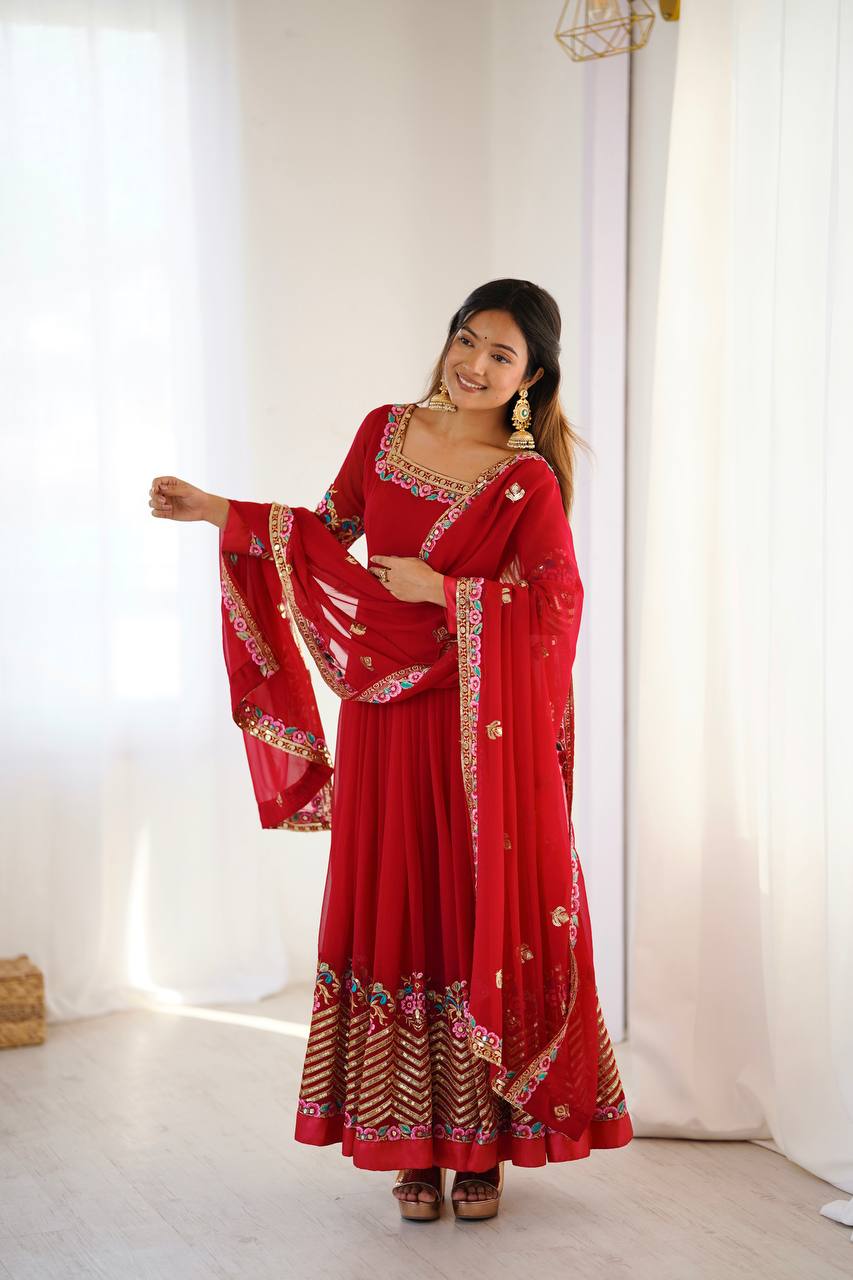 Heavy Georgette Embroidered Gown Set with Dupatta & Bottom (Ready to Wear)