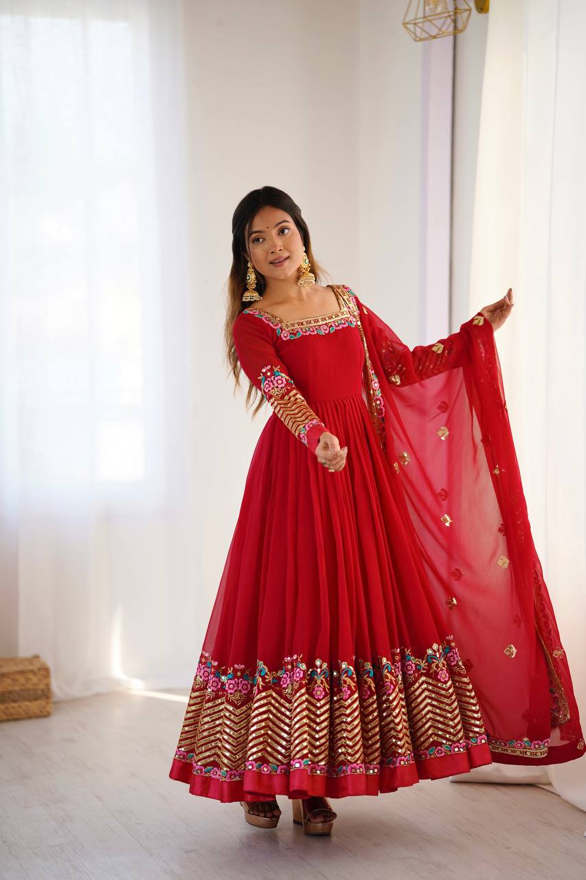 Heavy Georgette Embroidered Anarkali Gown Set with Dupatta & Bottom