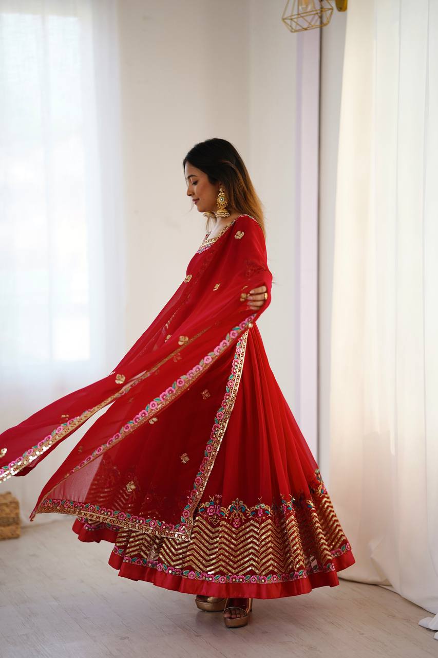 Heavy Georgette Embroidered Anarkali Gown Set with Dupatta & Bottom
