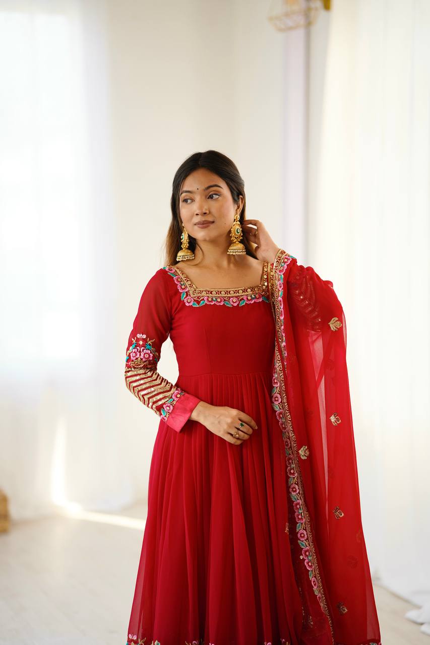 Heavy Georgette Embroidered Anarkali Gown Set with Dupatta & Bottom