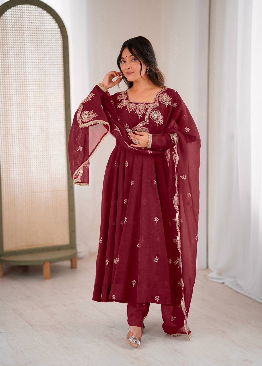 Wedding & Party Wear Anarkali Gown – Crunchy Silk with Embroidery & Dupatta