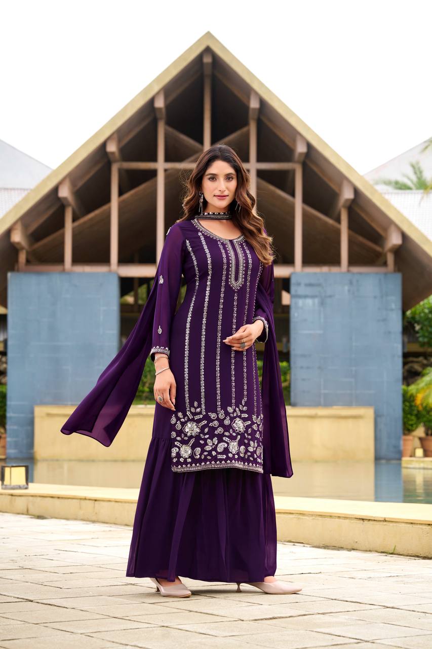 Purple Premium Designer Kurta With Sharara Set