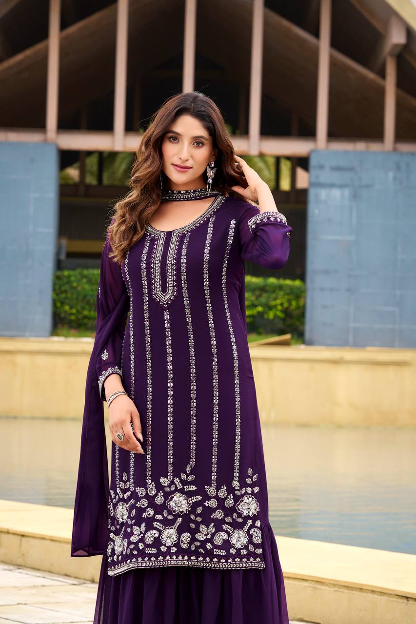 Purple Premium Designer Kurta With Sharara Set