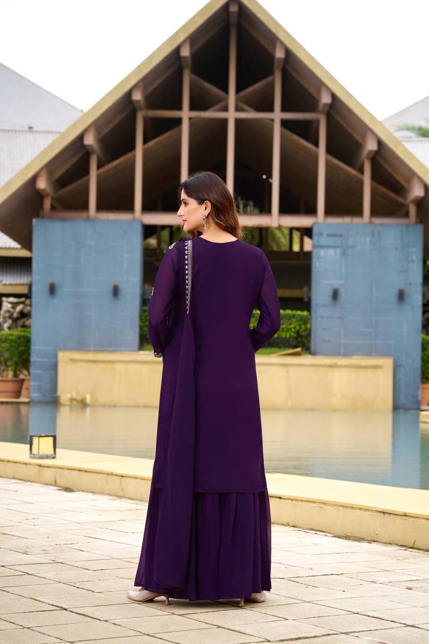 Purple Premium Designer Kurta With Sharara Set