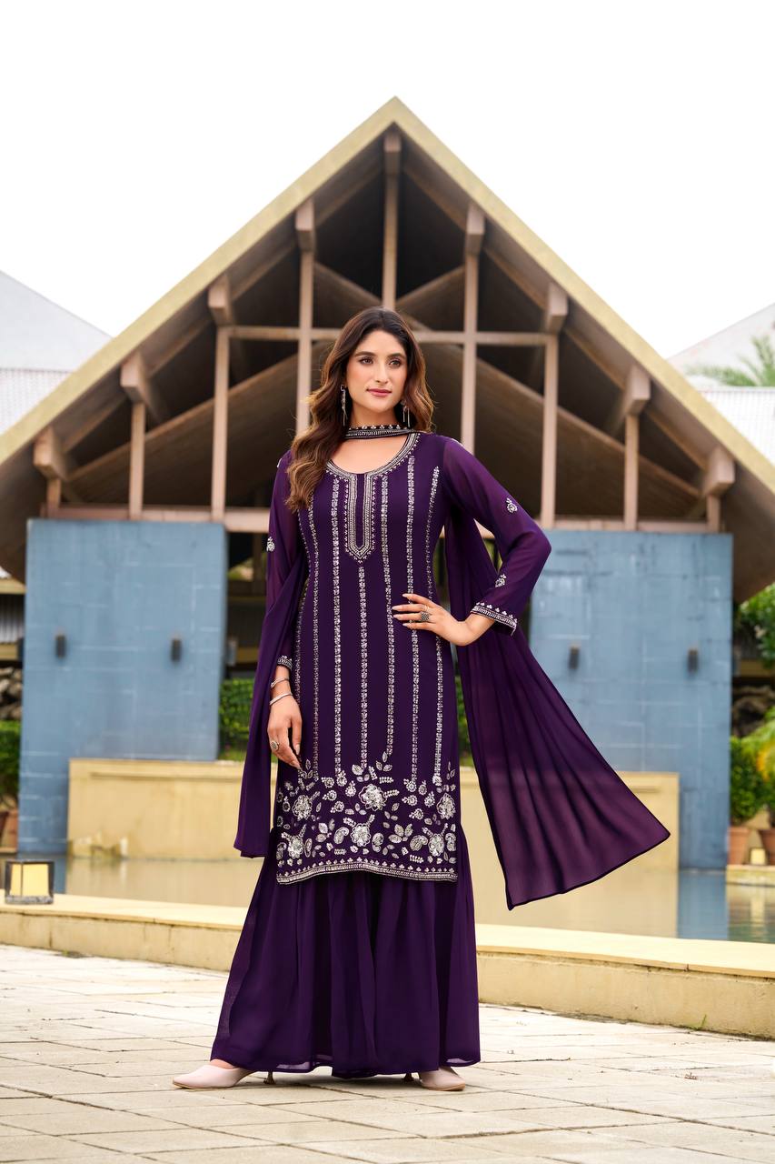 Purple Premium Designer Kurta With Sharara Set