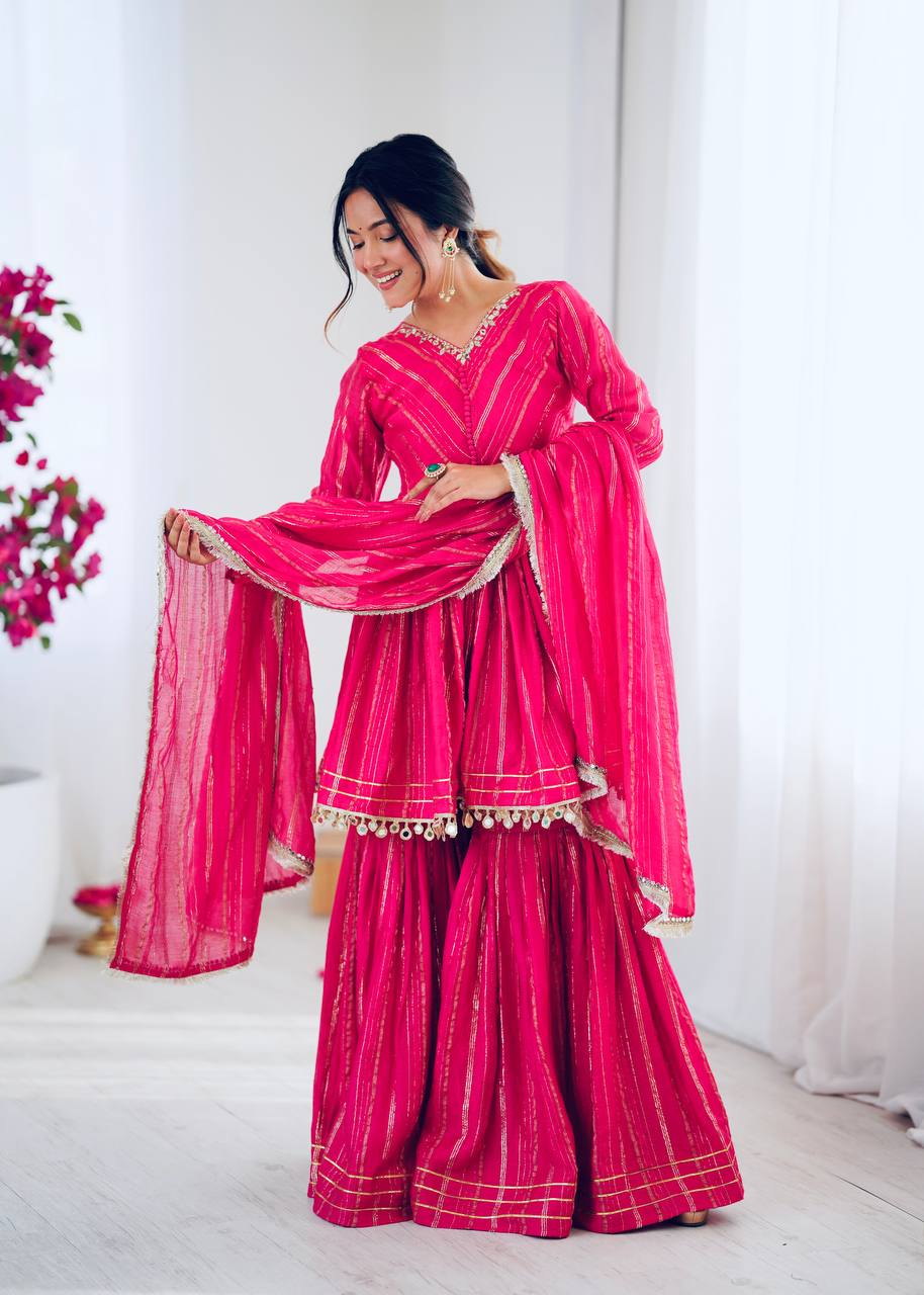 Mal Chanderi Sharara Set with Real Mirror Handwork & Dupatta – Fully Stitched