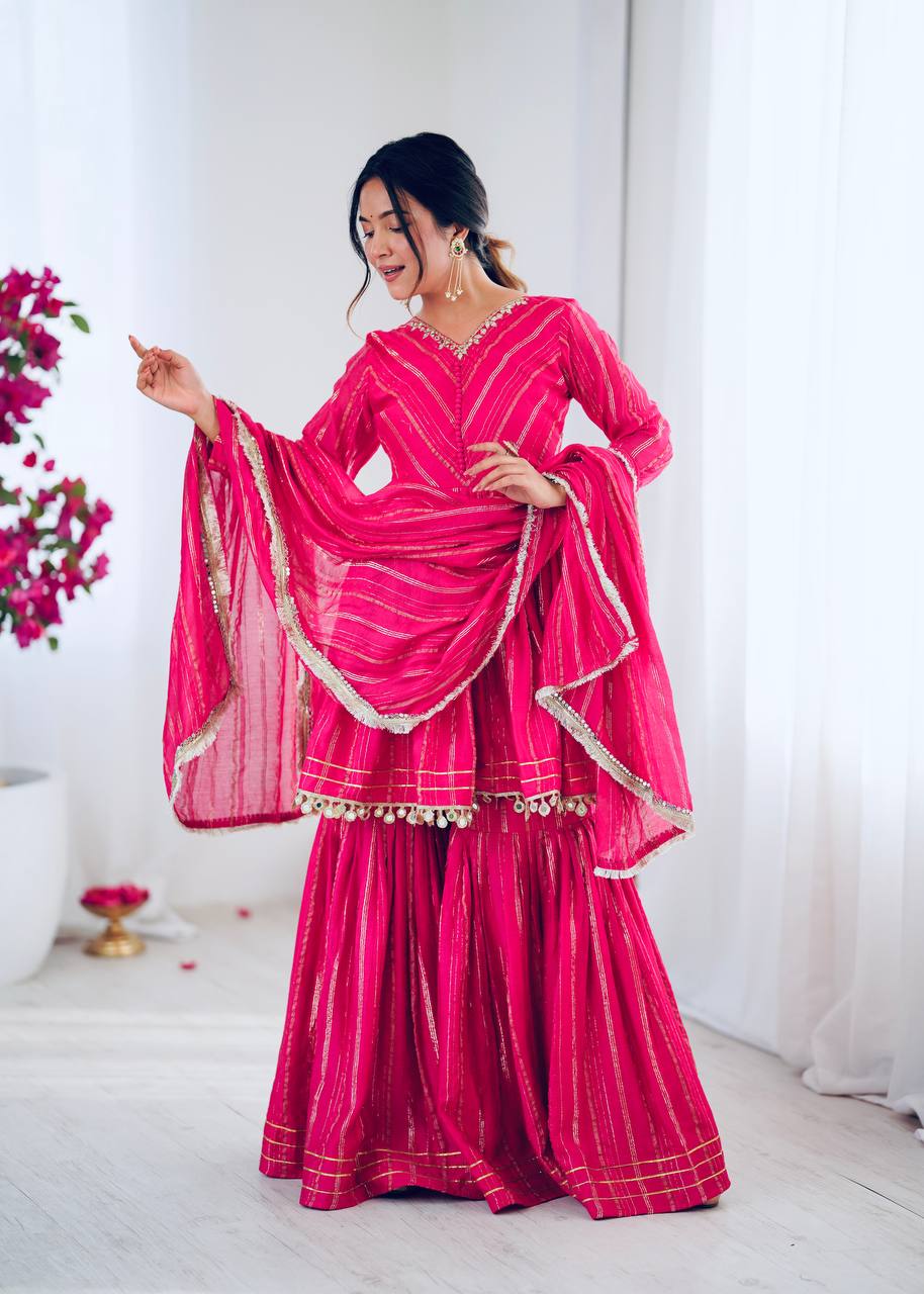 Mal Chanderi Sharara Set with Real Mirror Handwork & Dupatta – Fully Stitched