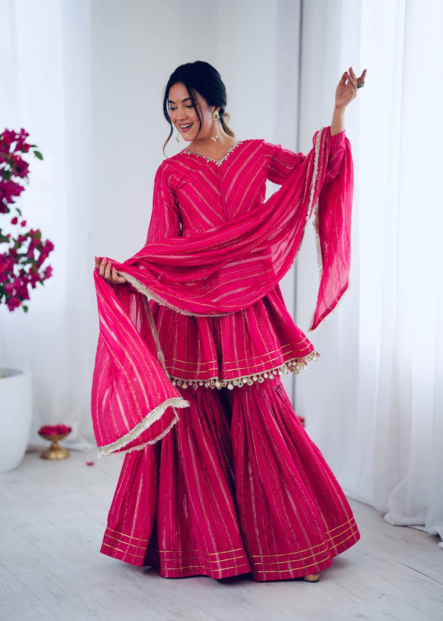 Mal Chanderi Sharara Set with Real Mirror Handwork & Dupatta – Fully Stitched