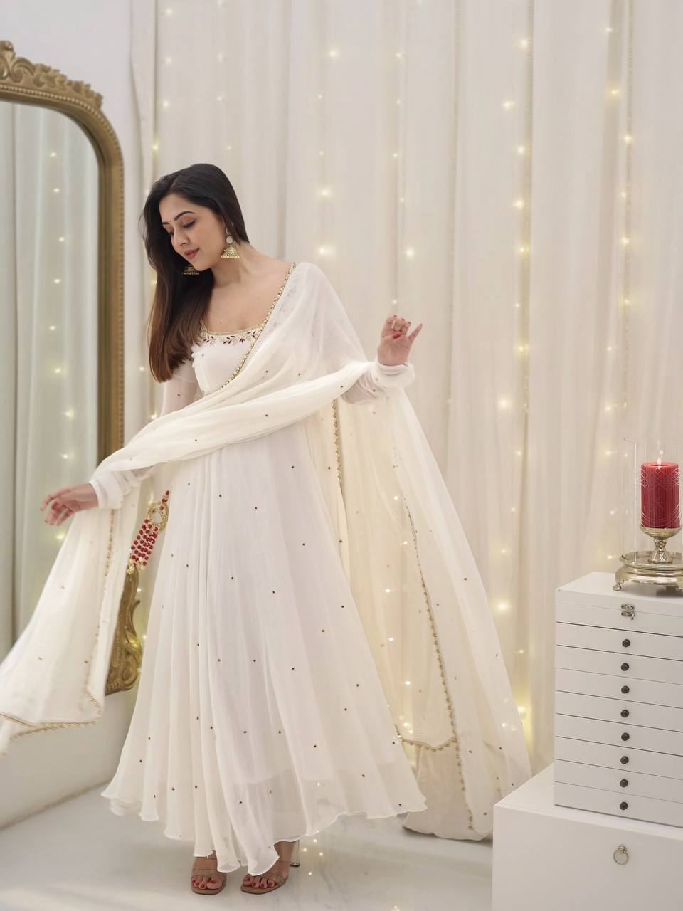 White Designer Faux Georgette With Embroidery Sequence Work Gown And Dupatta Set Fully Stitched Ready To Wear