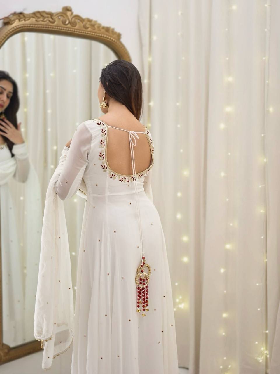 White Designer Faux Georgette With Embroidery Sequence Work Gown And Dupatta Set Fully Stitched Ready To Wear