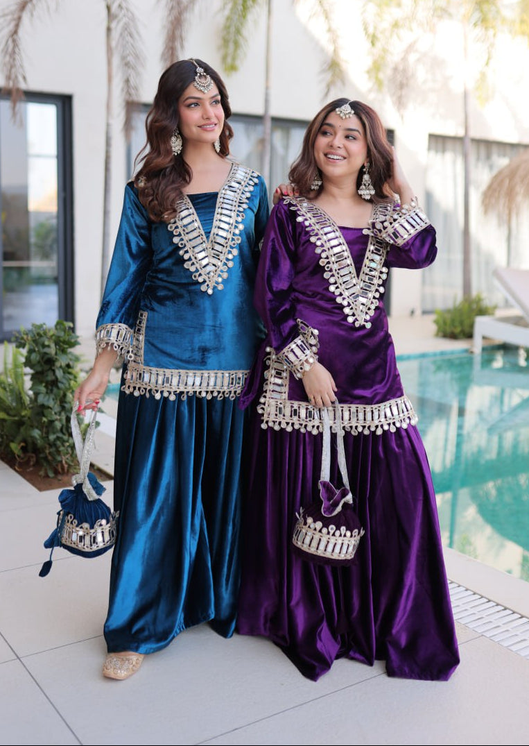 Shakira Luxury Blue & Purple Velvet Sharara Set with Zari & Mirror Work