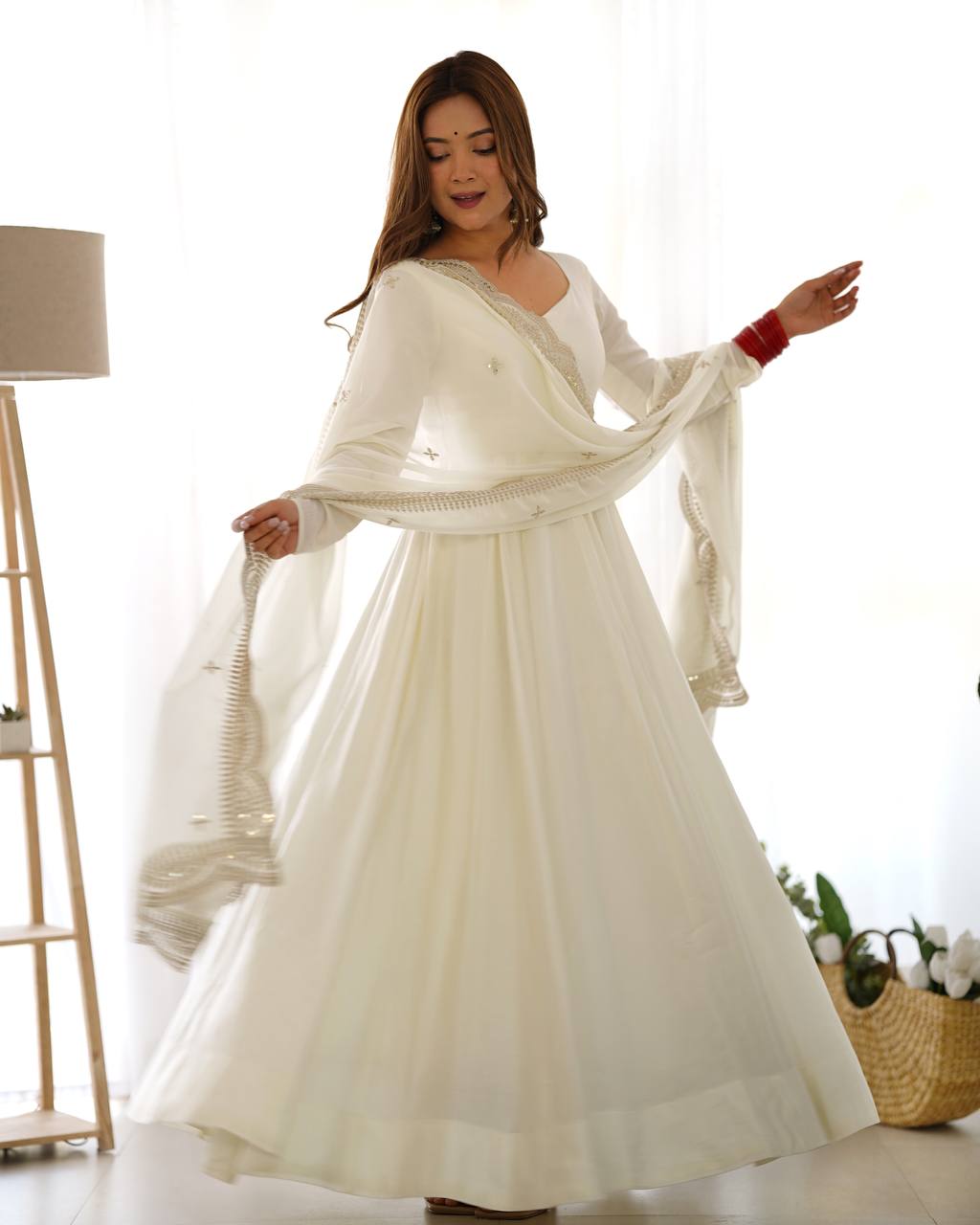 White Designer Roman Silk Chanderi Anarkali – 5.5 Mtr Flair with Embroidered Dupatta & Pant