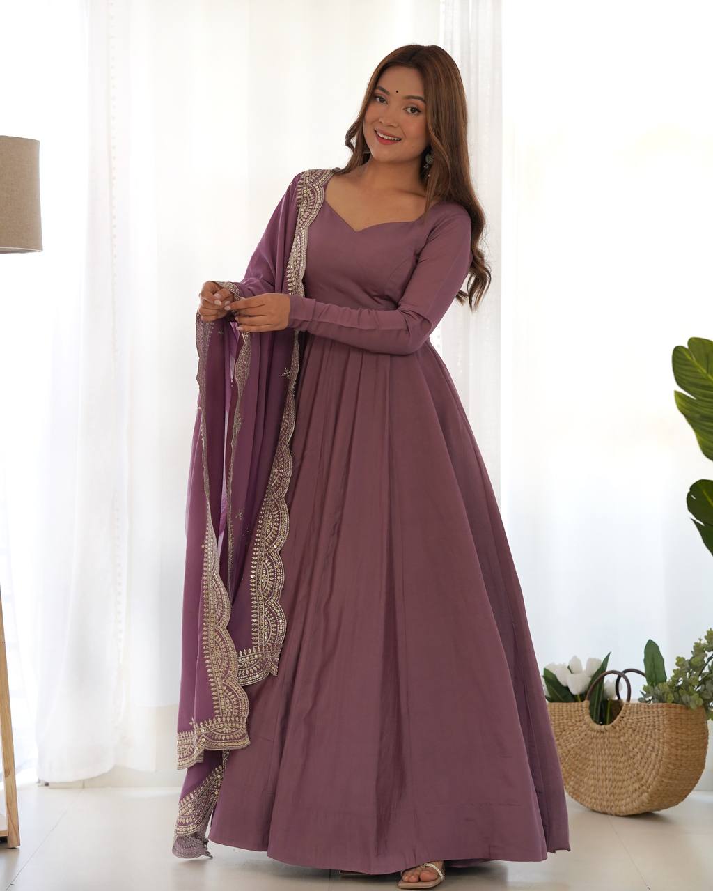 Pink Designer Roman Silk Chanderi Anarkali – 5.5 Mtr Flair with Embroidered Dupatta & Pant