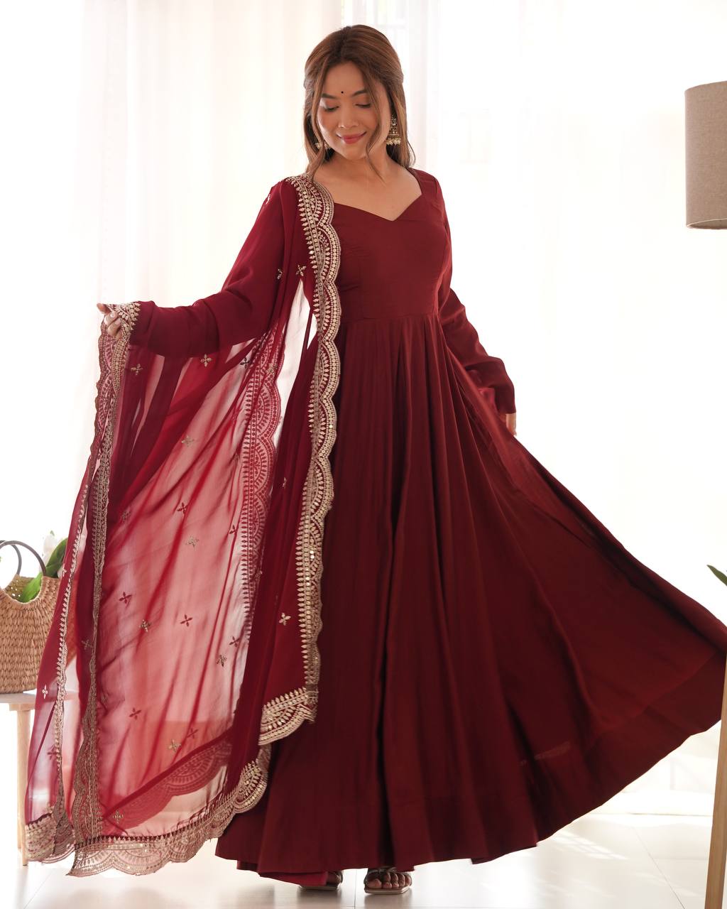 Maroon Designer Roman Silk Chanderi Anarkali – 5.5 Mtr Flair with Embroidered Dupatta & Pant