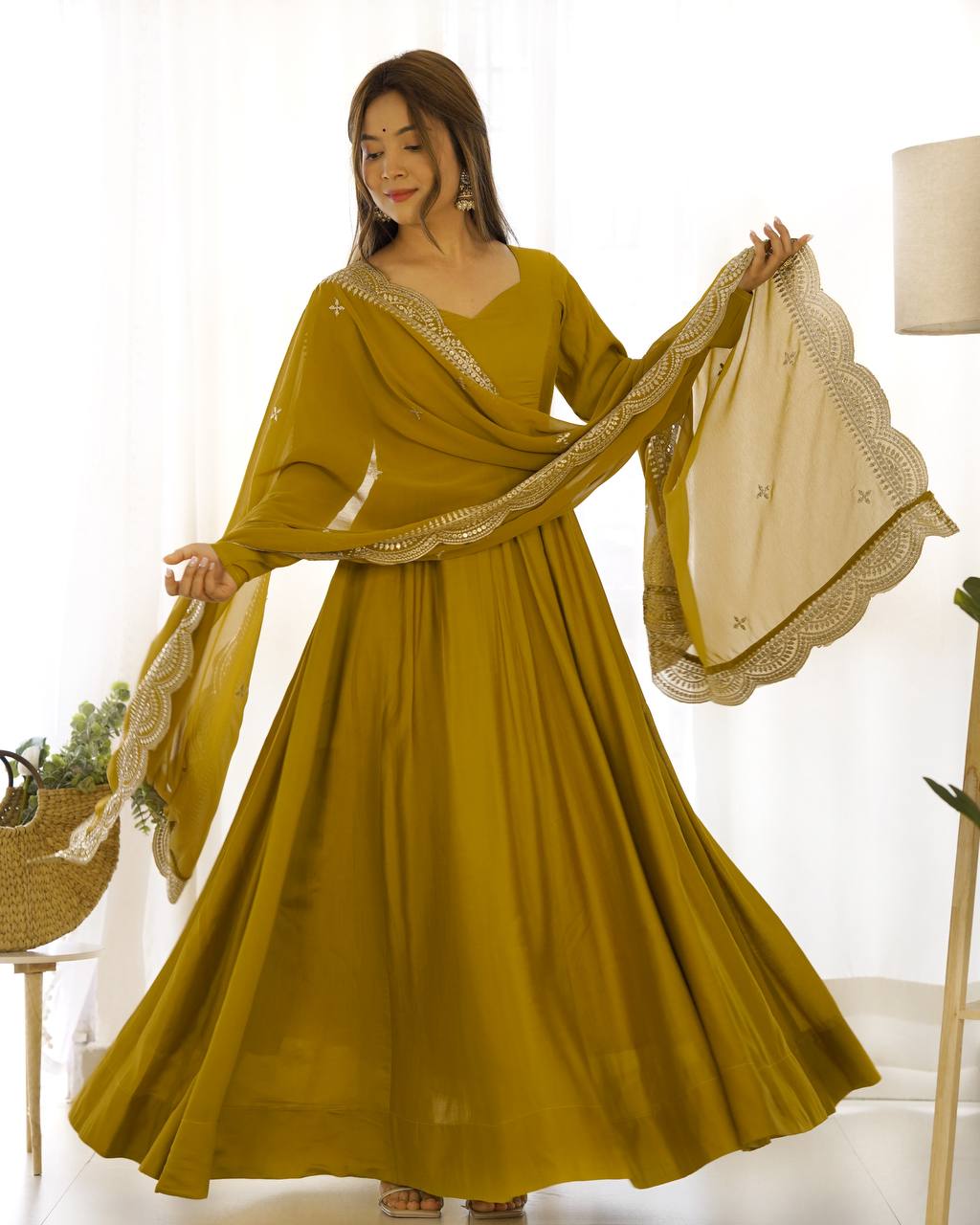Mustard Designer Roman Silk Chanderi Anarkali – 5.5 Mtr Flair with Embroidered Dupatta & Pant
