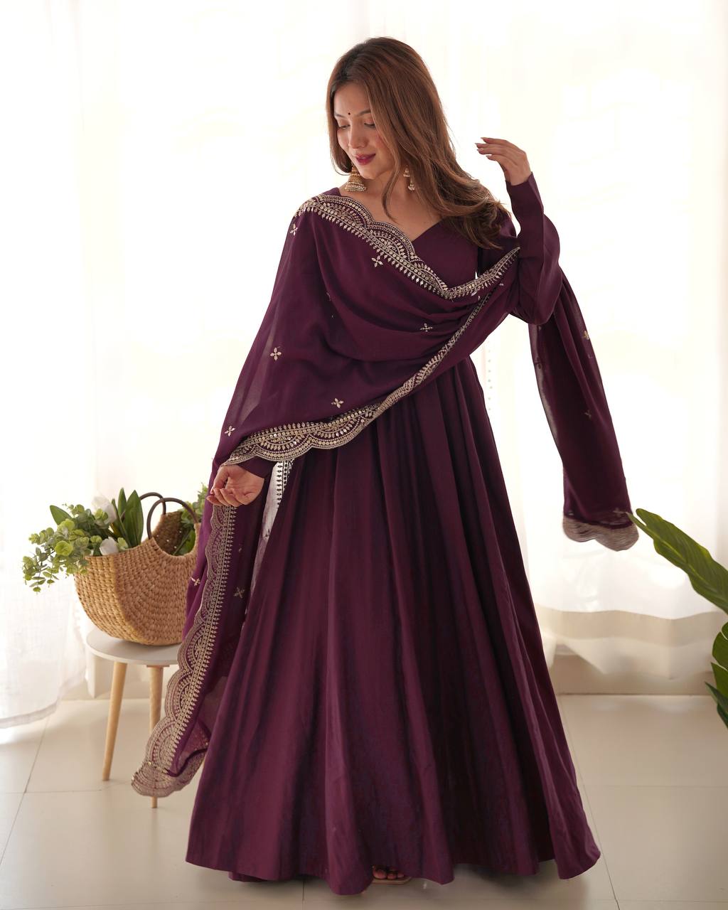 Wine Designer Roman Silk Chanderi Anarkali – 5.5 Mtr Flair with Embroidered Dupatta & Pant