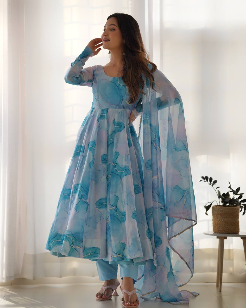 New Designer Elegant Pure Organza Silk Marble Print Anarkali Set