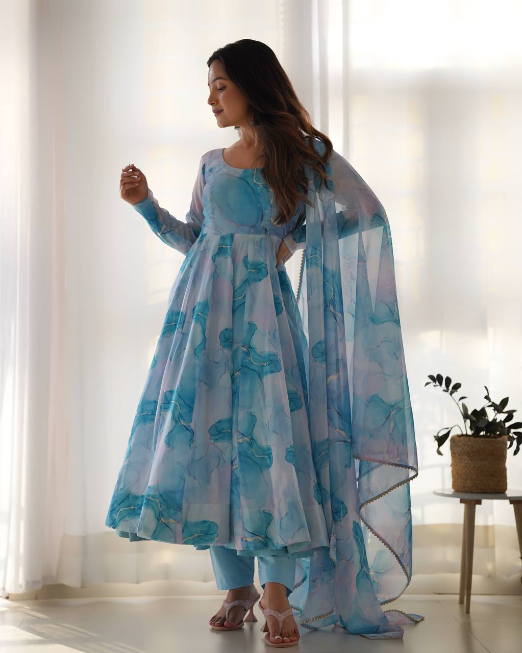 New Designer Elegant Pure Organza Silk Marble Print Anarkali Set