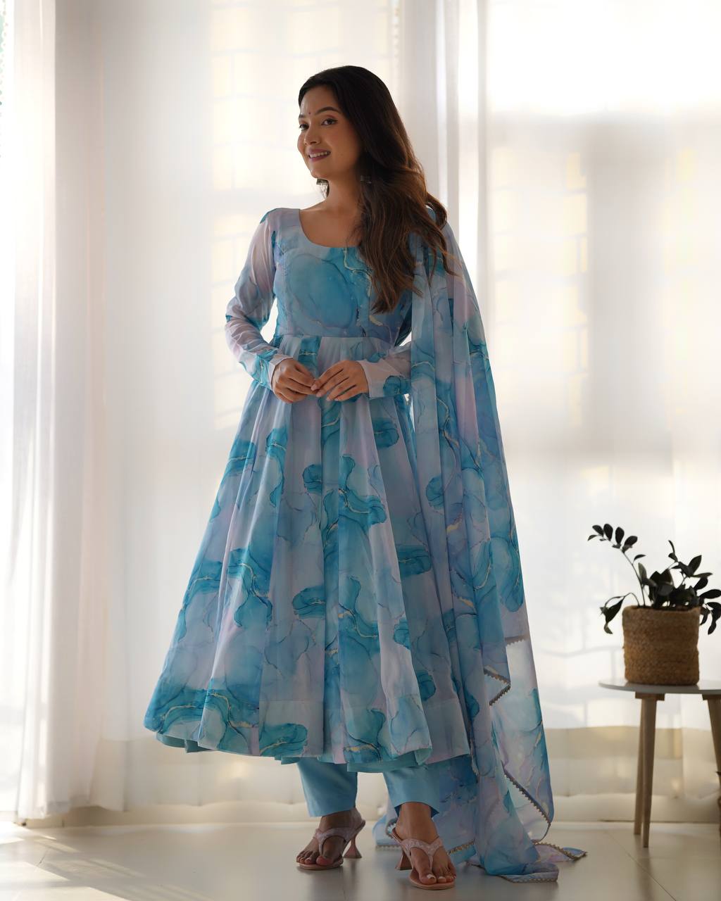 New Designer Elegant Pure Organza Silk Marble Print Anarkali Set