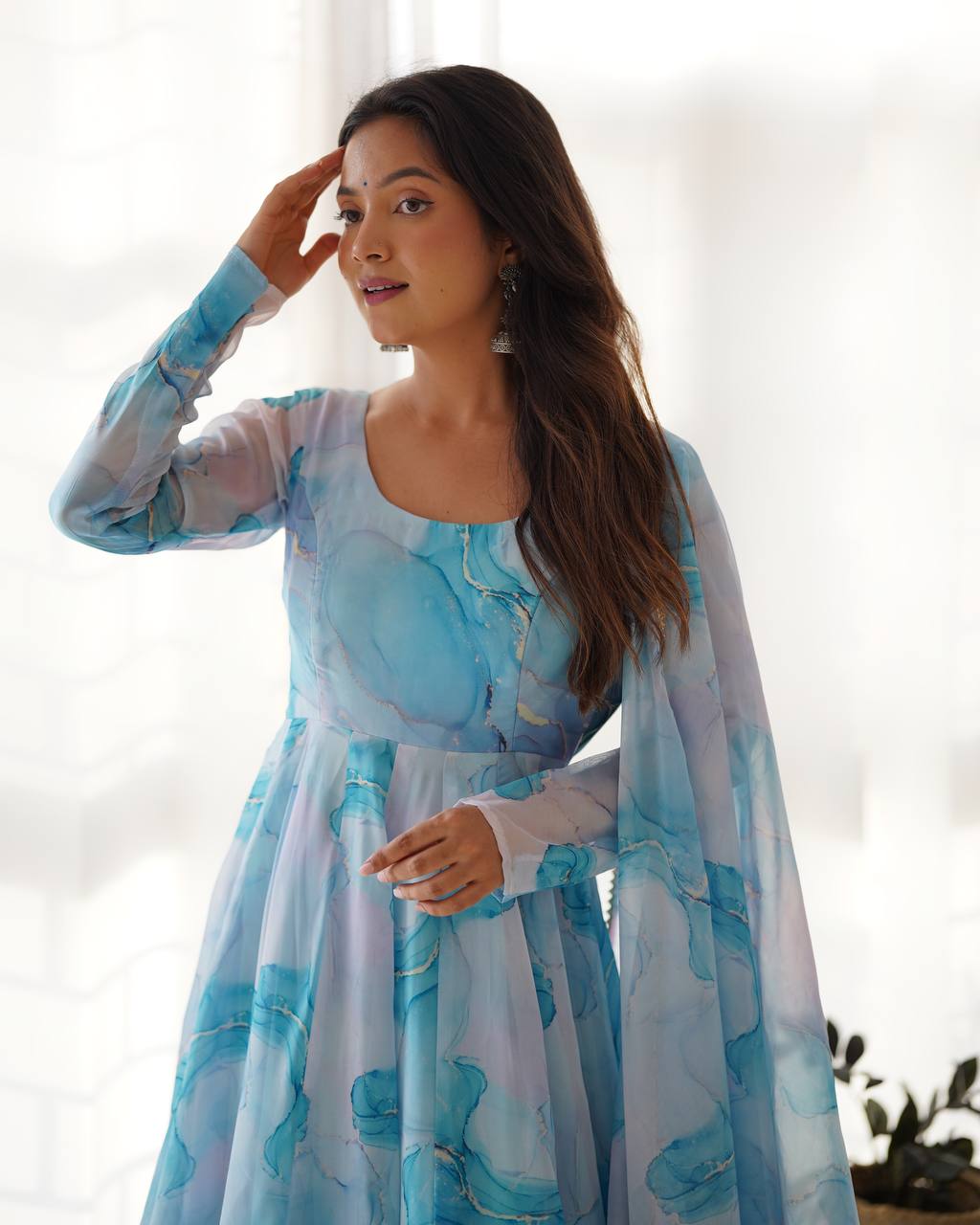 New Designer Elegant Pure Organza Silk Marble Print Anarkali Set