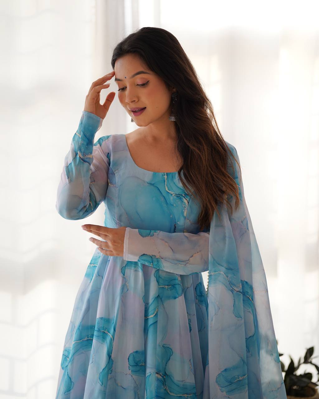 New Designer Elegant Pure Organza Silk Marble Print Anarkali Set