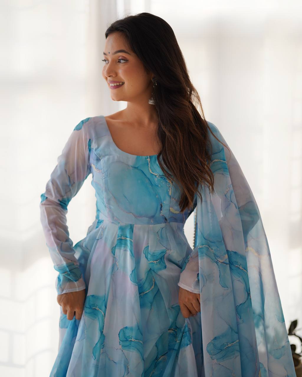 New Designer Elegant Pure Organza Silk Marble Print Anarkali Set