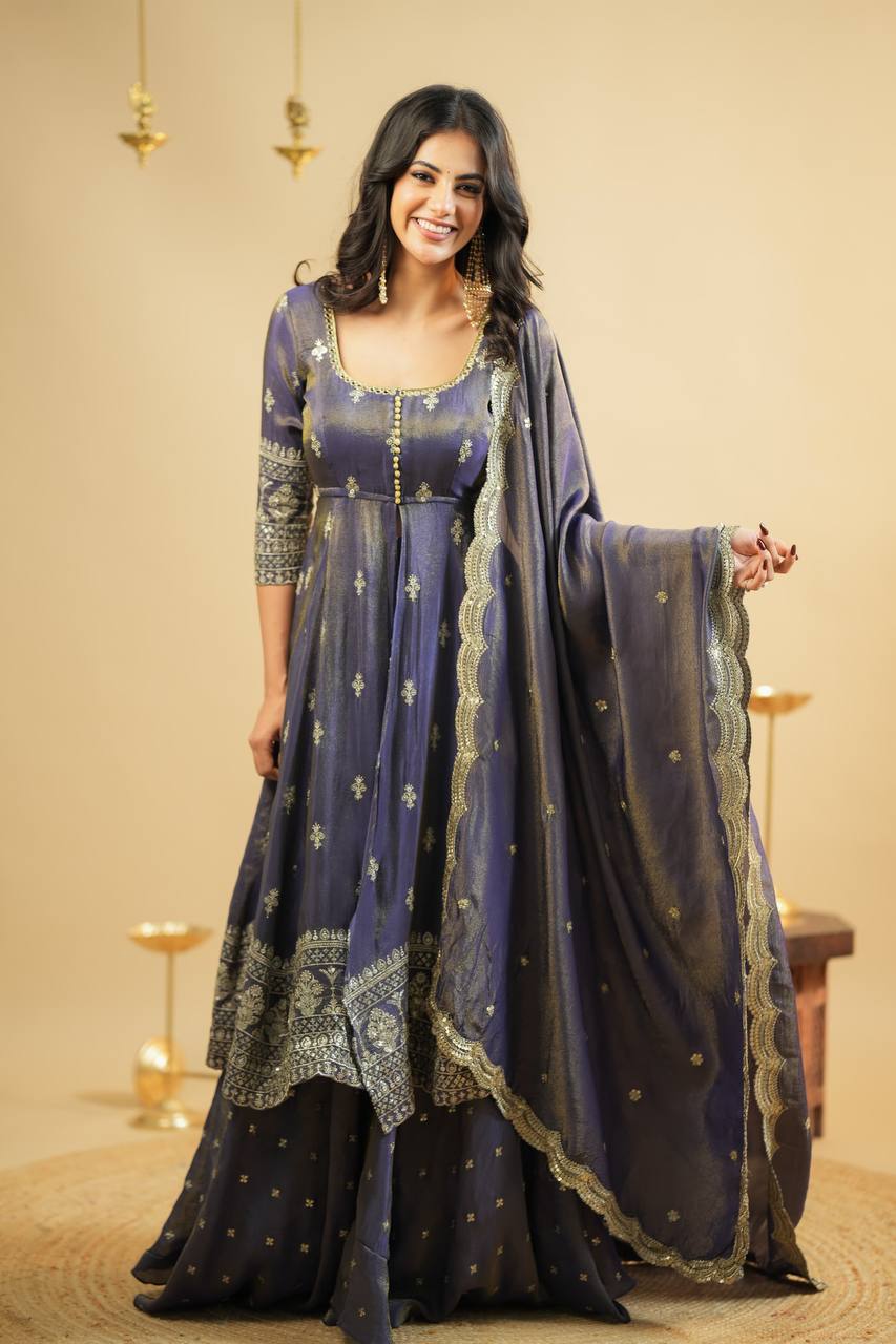 Saakshi`s Grey Cosmo Slik Anarkali Suit With Skirt