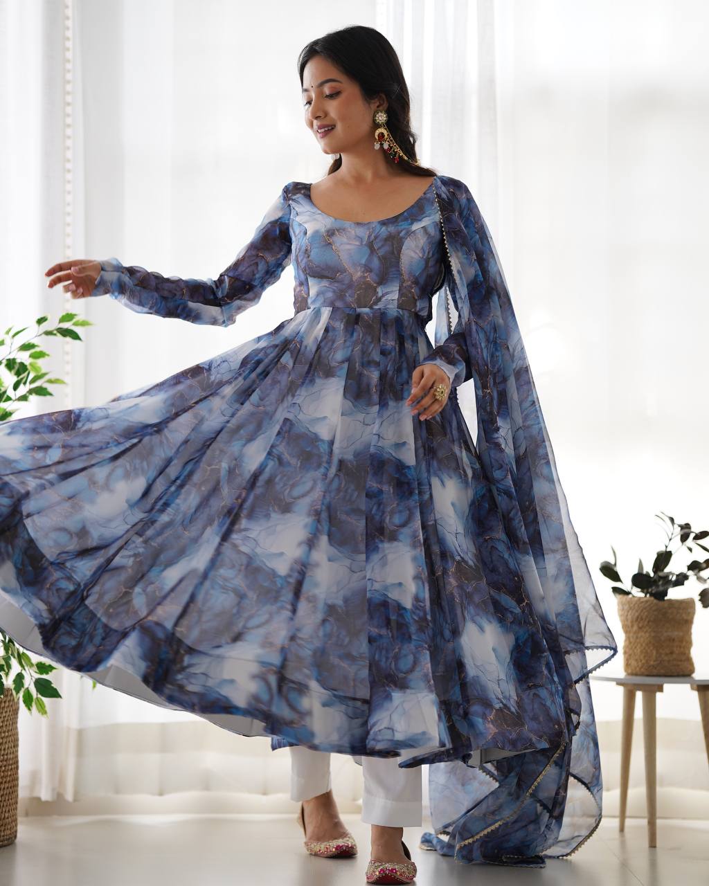 Elegant Pure Organza Silk Marble Print Anarkali Set