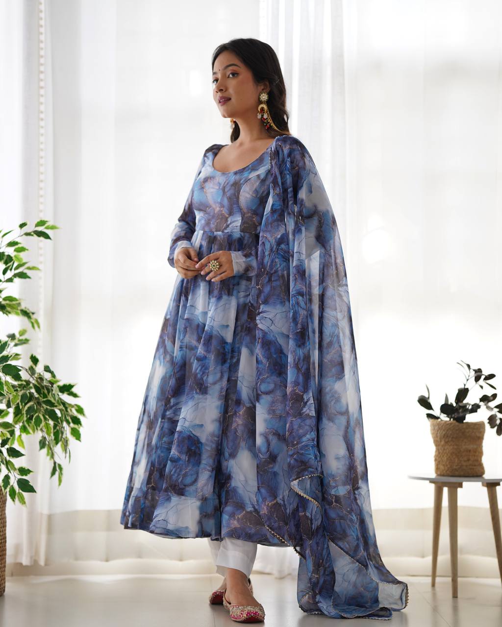 Elegant Pure Organza Silk Marble Print Anarkali Set