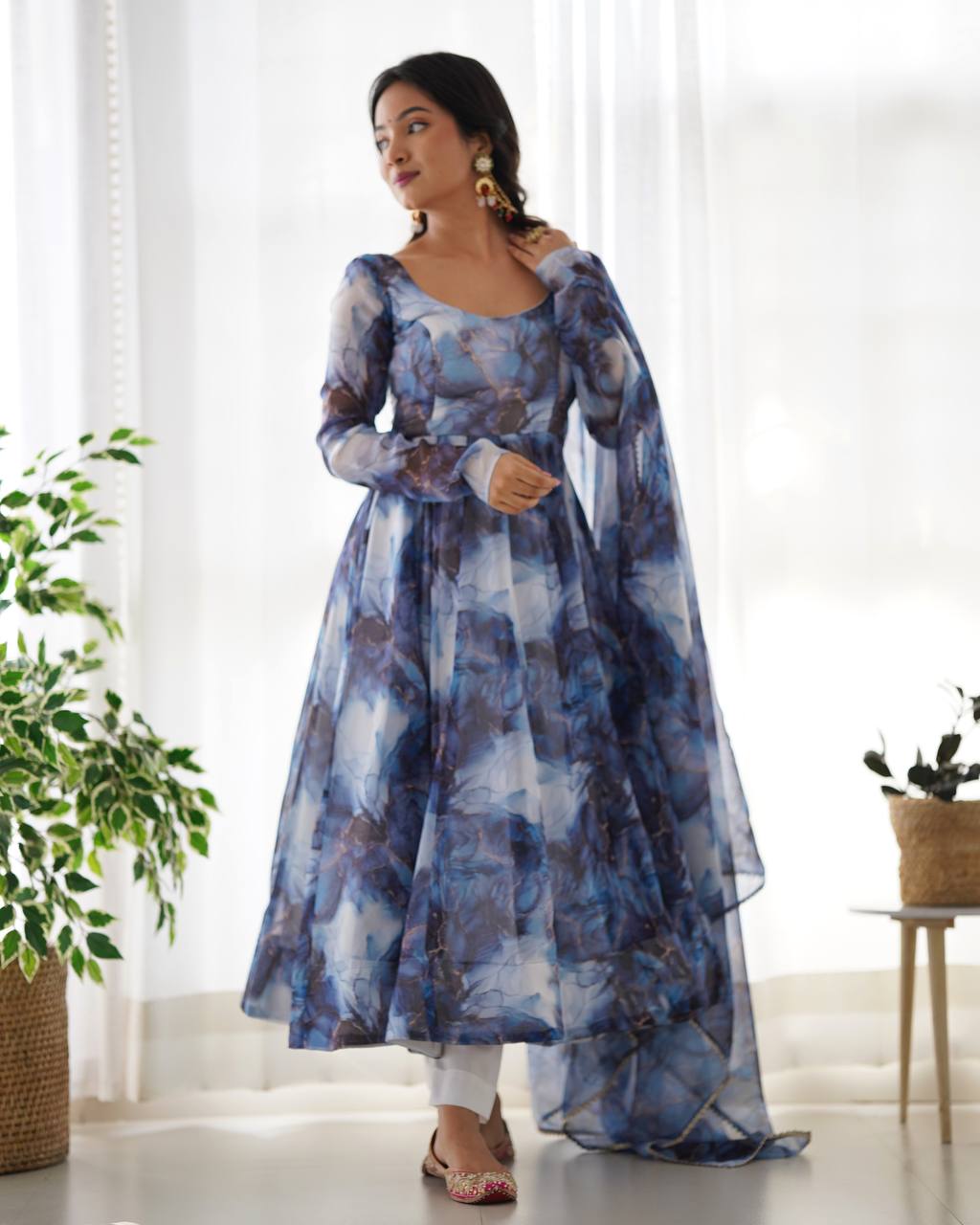 Elegant Pure Organza Silk Marble Print Anarkali Set