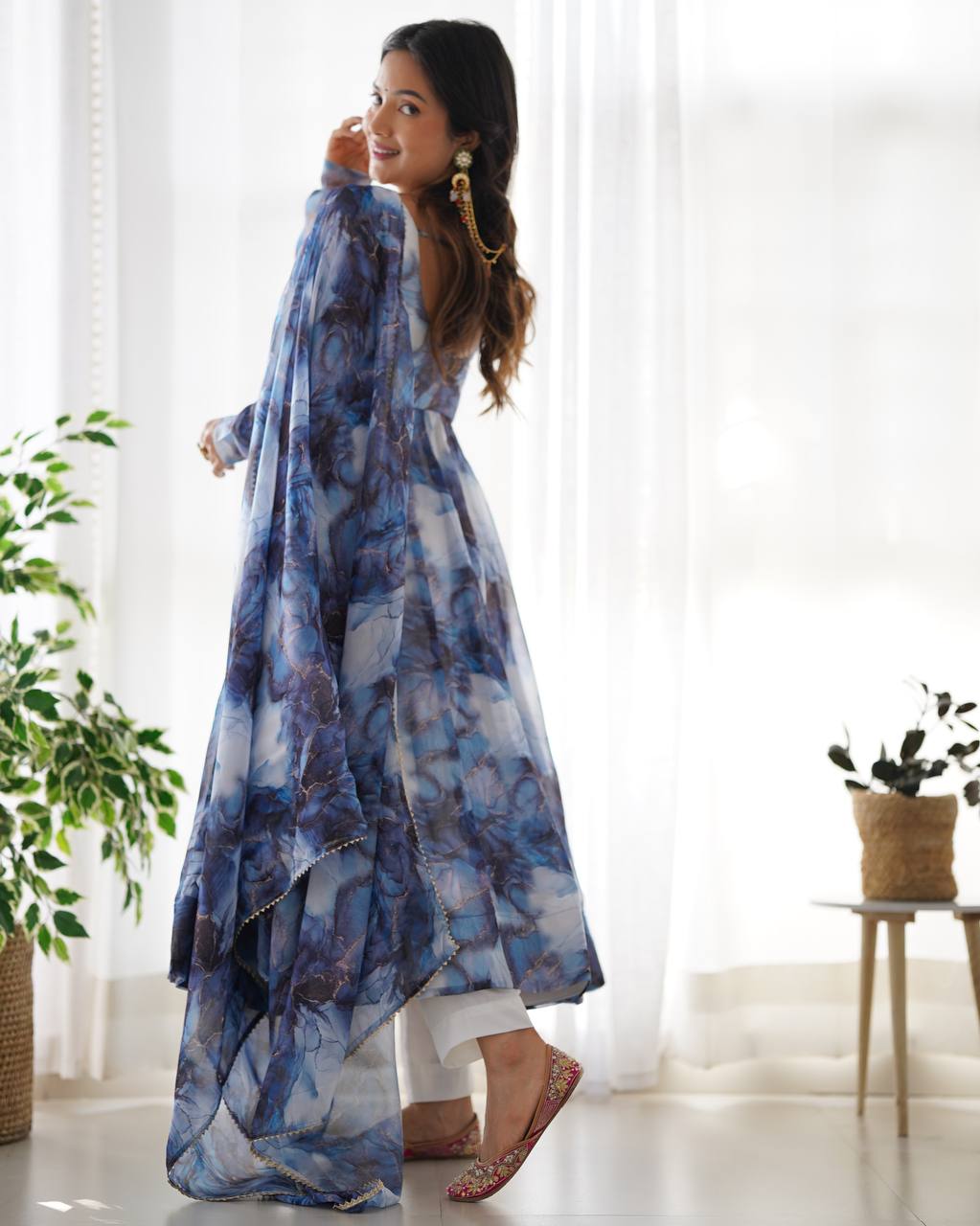 Elegant Pure Organza Silk Marble Print Anarkali Set