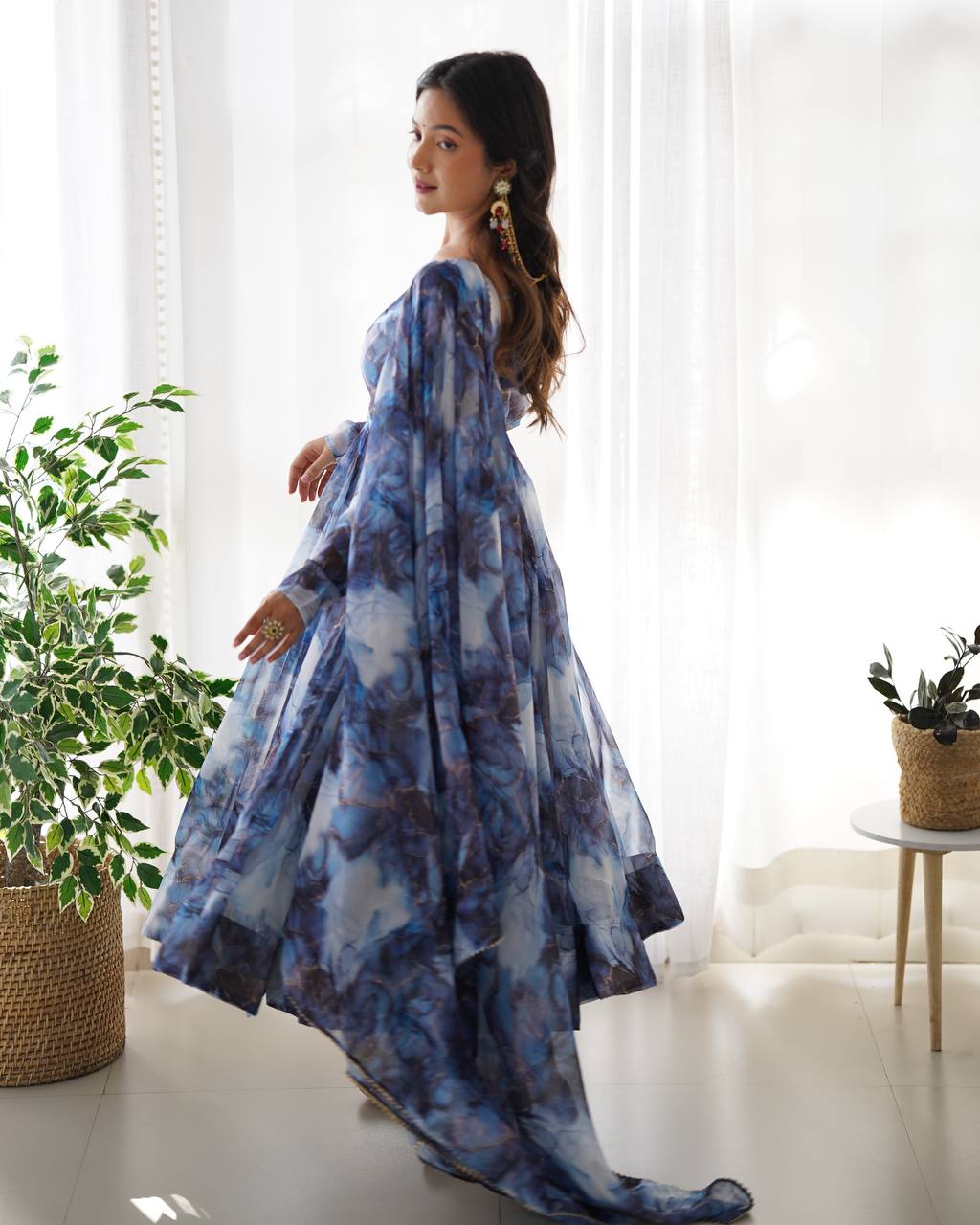 Elegant Pure Organza Silk Marble Print Anarkali Set