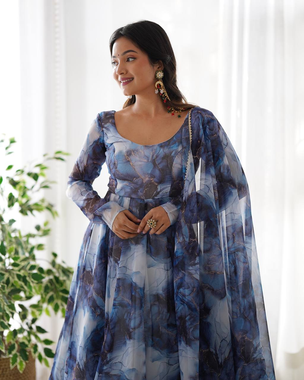 Elegant Pure Organza Silk Marble Print Anarkali Set