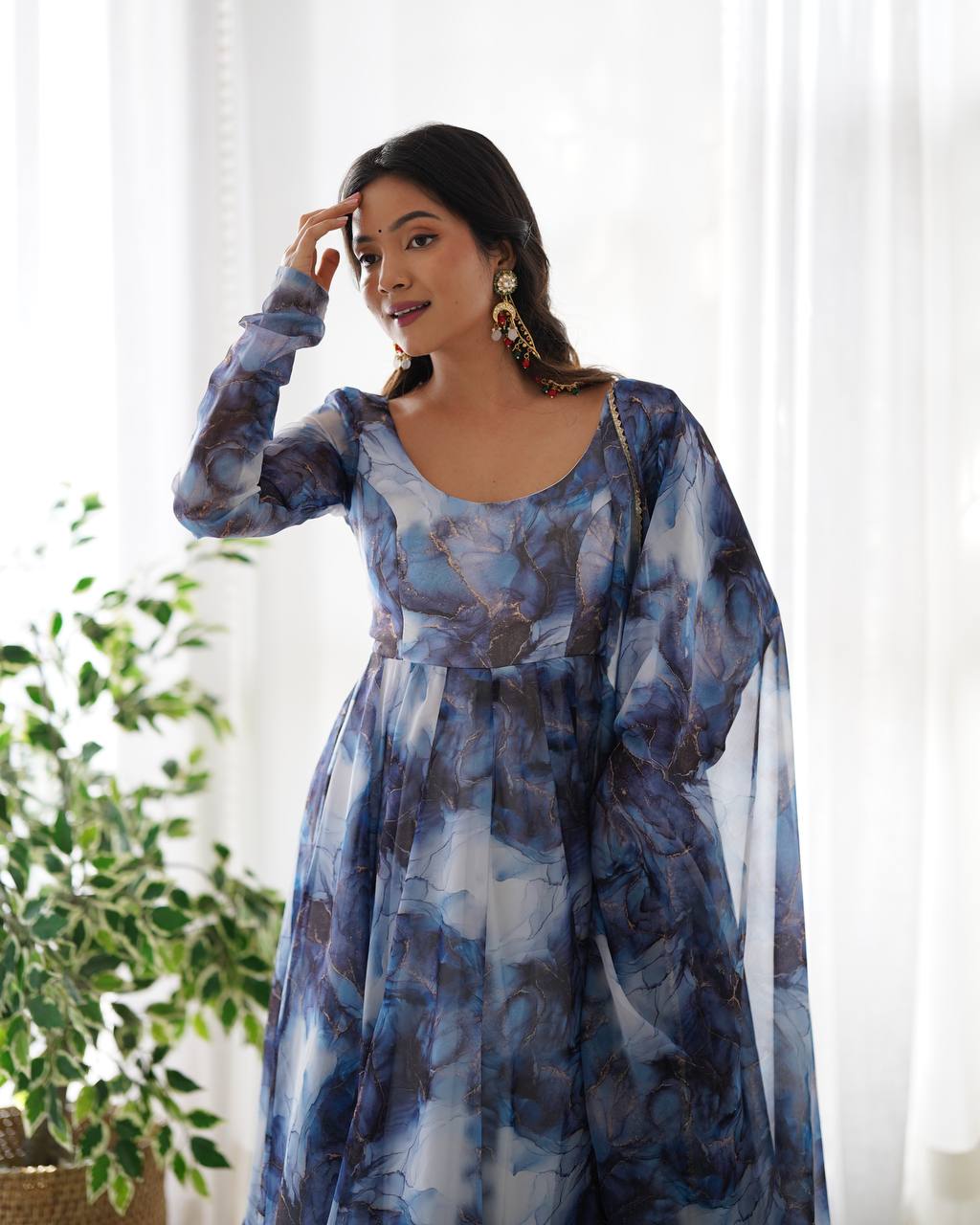 Elegant Pure Organza Silk Marble Print Anarkali Set