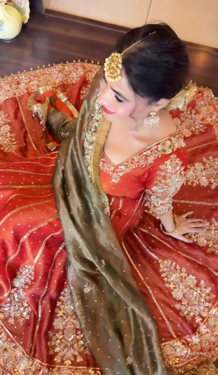 Orange Anarkali Lehenga Set with Dupatta