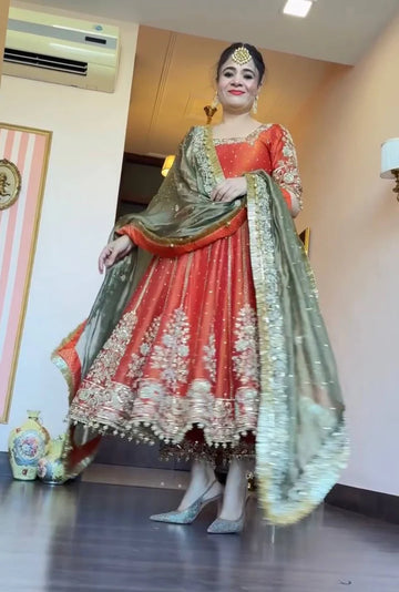 Orange Anarkali Lehenga Set with Dupatta