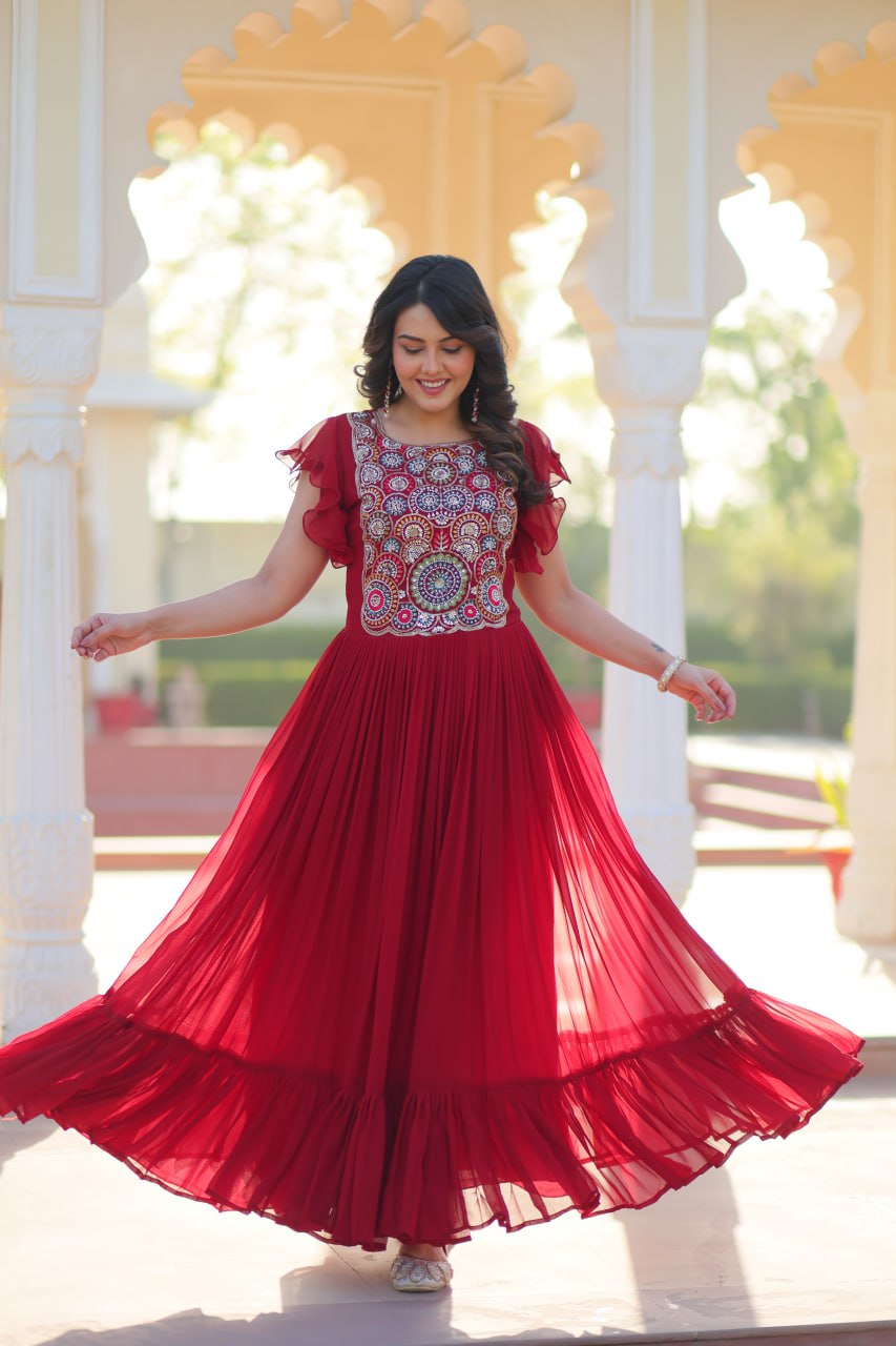 Designer Faux Blooming with Beads &amp; Sequins Multithreaded Embroidery Anarkali set